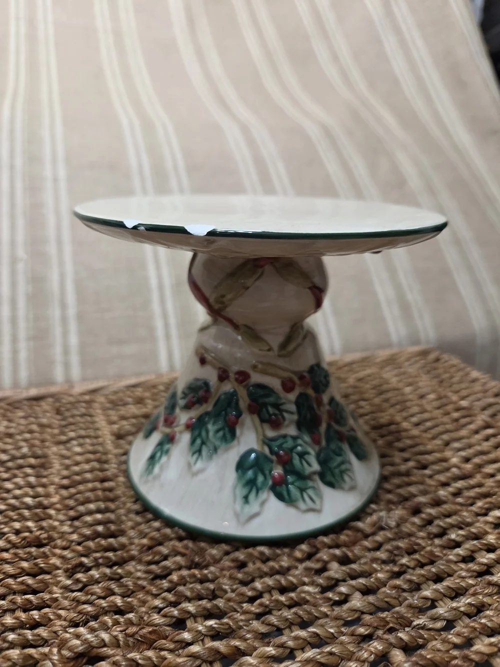 Vintage Dessert Stand Holly Pattern Christmas Glossy Green Red